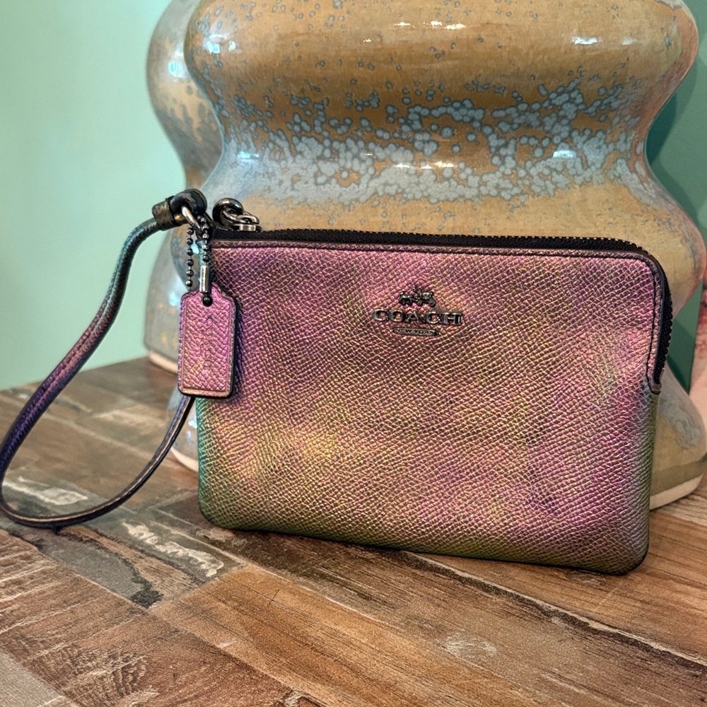 Coach Iridescent hologram, purple and gold shimmer Leather Wristlet